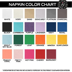 Puede incluir: Carta de colores de servilletas con 20 colores diferentes, incluyendo blanco, marfil, arena, gris paloma, platino, carb&oacute;n, negro, caribe, morado, lavanda, azul marino, azul real, azul cielo brillante, bosque, hoja, naranja, mimosa, girasol, coral melocot&oacute;n, rosa bonito, rosa intenso, cereza y burdeos.