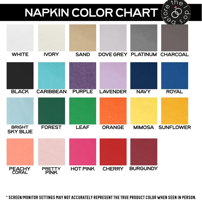 Puede incluir: Carta de colores de servilletas con 20 colores diferentes, incluyendo blanco, marfil, arena, gris paloma, platino, carb&oacute;n, negro, caribe, morado, lavanda, azul marino, azul real, azul cielo brillante, bosque, hoja, naranja, mimosa, girasol, coral melocot&oacute;n, rosa bonito, rosa intenso, cereza y burdeos.
