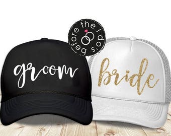 Bride and Groom Trucker Hat Set - Mr and Mrs - Couples Hats - Wedding Hats - His and Her Hats - Honeymoon Hats - Just Married Hats (1664)