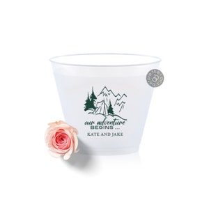 Our Adventure Begins Frosted Plastic Personalized Wedding Cups - Cups for Wine - Wedding Reception Cups - Cocktail Cups - 9oz Plastic Cups