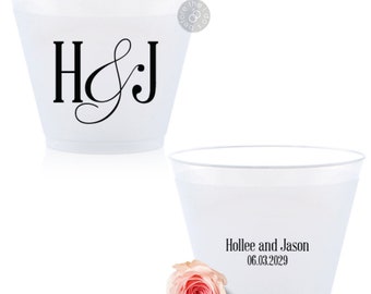 Monogrammed Plastic Wedding Cups - 9oz Frosted Plastic Cups - Plastic Cups for Wedding