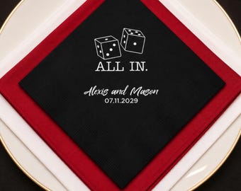 Casino Wedding, Custom Cocktail Napkins, All In Dice, Vegas Themed