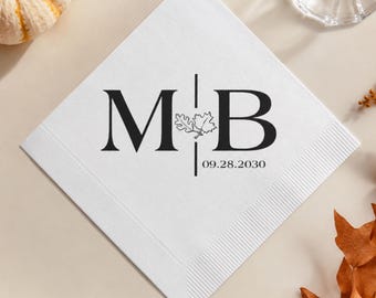 Autumn Wedding, Monogram Initials, Leaves Napkin, Custom Cocktail Napkins