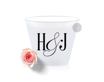 Monogram Initials Ampersand Plastic Wedding Cups - 9oz Frosted Plastic Cups - Monogram Wedding Cup