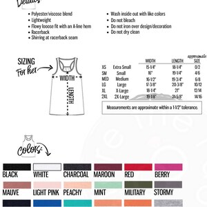 May include: A chart showing the sizing and color options for a tank top. The chart includes measurements for width and length in inches, as well as approximate sizes. The color options include black, white, charcoal, maroon, red, berry, mauve, light pink, peachy, mint, military, stormy, navy, royal, teal, sunset, coral, light heather grey, heather deep teal, heather navy, and dark heather grey.