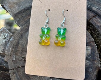 Lemon-Lime Gummy Bear Earrings, Sterling Silver, Rave Festival Jewelry