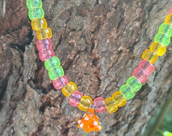 Orange Mushroom Kandi Rave Necklace, Glow Beads, Festival Jewelry