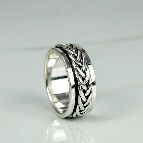 Sterling Silver Spinner Ring with Braid, Braided Sterling Silver Spinner Ring, Unisex Spinner Ring, Spinner Ring for Men or Women RS04589