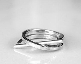 Sterling Silver Geometric Crossover Ring, Bar and Circle Crossover Ring