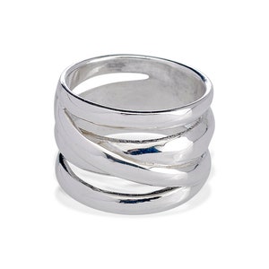 Sterling Silver Crossover Wide-Band Ring for Women - Modern Geometric Statement Jewelry R09576