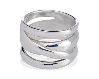 Sterling Silver Crossover Wide-Band Ring for Women - Modern Geometric Statement Jewelry R09576