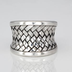 Adjustable Sterling Silver Concave Tribal Ring - Woven Basketweave Cuff Band for Women RO0458