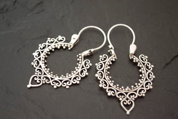 Sterling Silver Bali-Style Boho Hoop Earrings - Large Filigree Design for Women EA18657