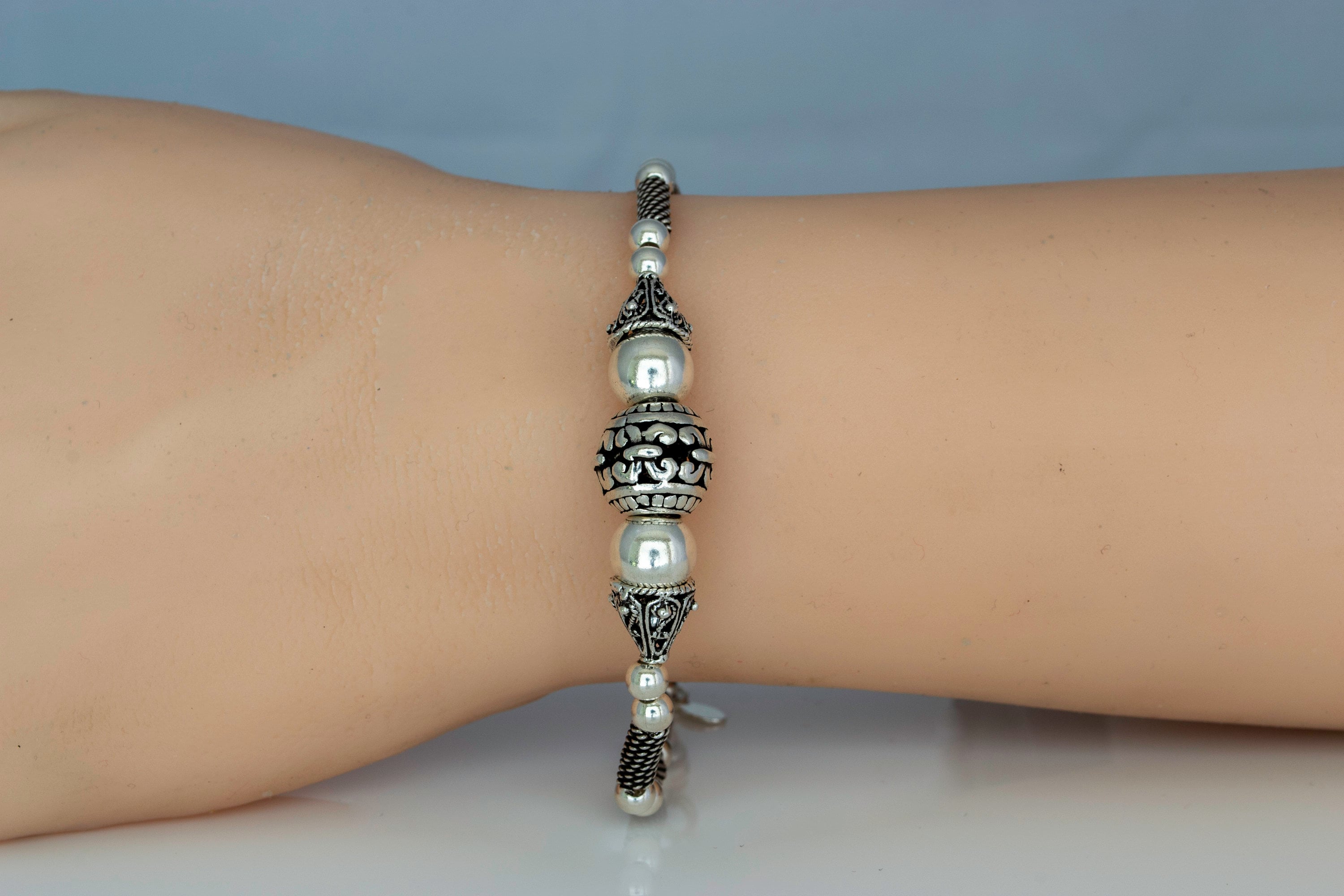 Sterling Silver, 8mm Hammered Bead Bracelet, Lobster Clasp