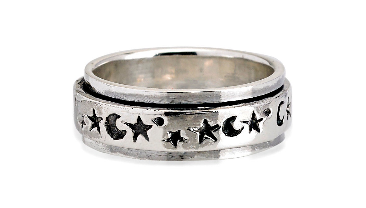 Silver Spinner Ring, Sterling Silver Celestial Spinner Ring, Sterling Silver Spinner Ring for Women, Moon and Stars Spinner Ring RS01873
