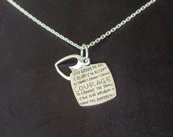 Dainty Sterling Silver Necklace, Sterling Silver Serenity Prayer Necklace with Open-Heart Charm P04614