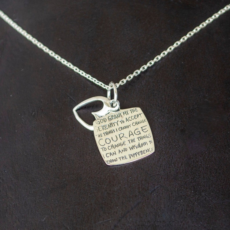 Dainty Sterling Silver Necklace, Sterling Silver Serenity Prayer Necklace with Open-Heart Charm P04614 image 1