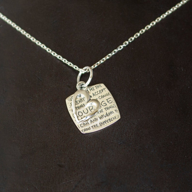 Dainty Sterling Silver Necklace, Sterling Silver Serenity Prayer Necklace with Open-Heart Charm P04614 image 2