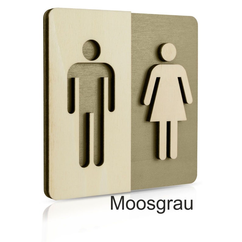 Puede incluir: Un letrero de madera con un s&iacute;mbolo masculino y femenino recortado. El letrero est&aacute; dividido en dos, con el s&iacute;mbolo masculino a la izquierda y el s&iacute;mbolo femenino a la derecha. El lado izquierdo es de color madera claro, y el lado derecho es de color verde oscuro. El letrero dice "Moosgrau" en la parte inferior.