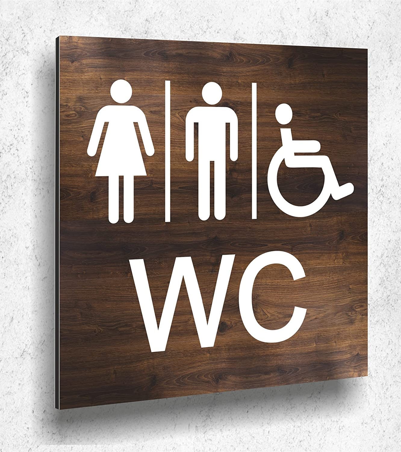 Señal de puerta WC signo madera look roble mujeres oscuras hombres discapacitados madera impresión UV 12 x 12 cm- 3 mm compuesto de aluminio - Made in Germany Art.Nr. E 2120