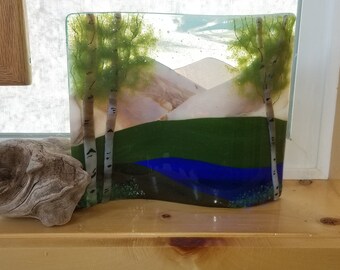 Fused Glass Mountain Lake Landscape with Driftwood Display