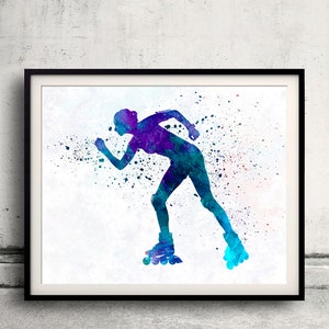 Puede incluir: Una ilustración de acuarela de una persona patinando. La persona lleva ropa morada y azul y está en medio de la zancada. El fondo es un patrón de salpicaduras blancas.