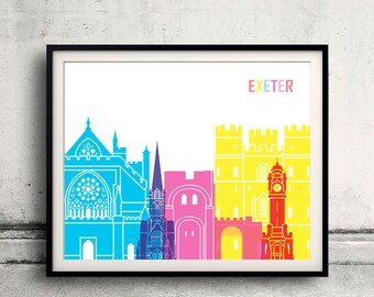 Exeter Pop Art Skyline - Fine Art Print Glicee Poster Dekor Home Geschenk Illustration Wandkunst Pop Art Bunte Sehenswürdigkeiten - SKU 2720