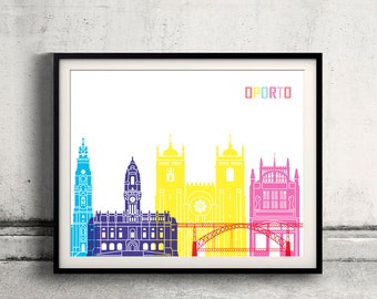 Oporto V2 pop art skyline - Fine Art Print Glicee Poster Decor Home Gift Illustration Wall Art Pop Art Colorful Landmarks - SKU 2884