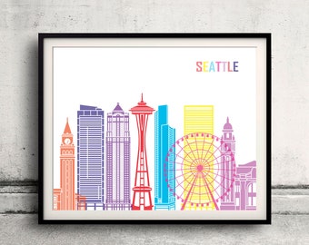 Seattle V2 pop art skyline - Fine Art Print Glicee Poster Decor Home Gift Illustration Wall Art Pop Art Colorful Landmarks - SKU 2922