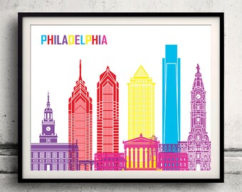 Philadelphia pop art skyline - Fine Art Print Glicee Poster Decor Home Gift Illustratie Wall Art Pop Art Kleurrijke Bezienswaardigheden - SKU 2182