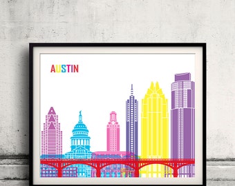 Austin pop art skyline - Fine Art Print Glicee Poster Decor Home Gift Illustration Wall Art Pop Art Colorful Landmarks - SKU 2479