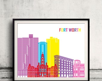 Fort Worth Pop Art Skyline - Fine Art Print Glicee Poster Dekor Home Geschenk Illustration Wandkunst Pop Art Bunte Sehenswürdigkeiten - SKU 2481