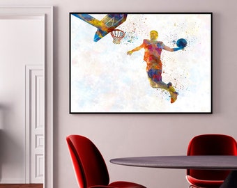 young basketball player making a basket 03 - Fine Art Print Glicee Poster Gift Illustration Colorful - SKU 2110