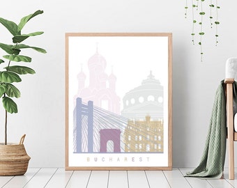 Bucharest skyline poster - Fine Art Print Glicee Poster Decor Home Gift Illustration Wall Art Artistic Colorful Landmarks - SKU 1795