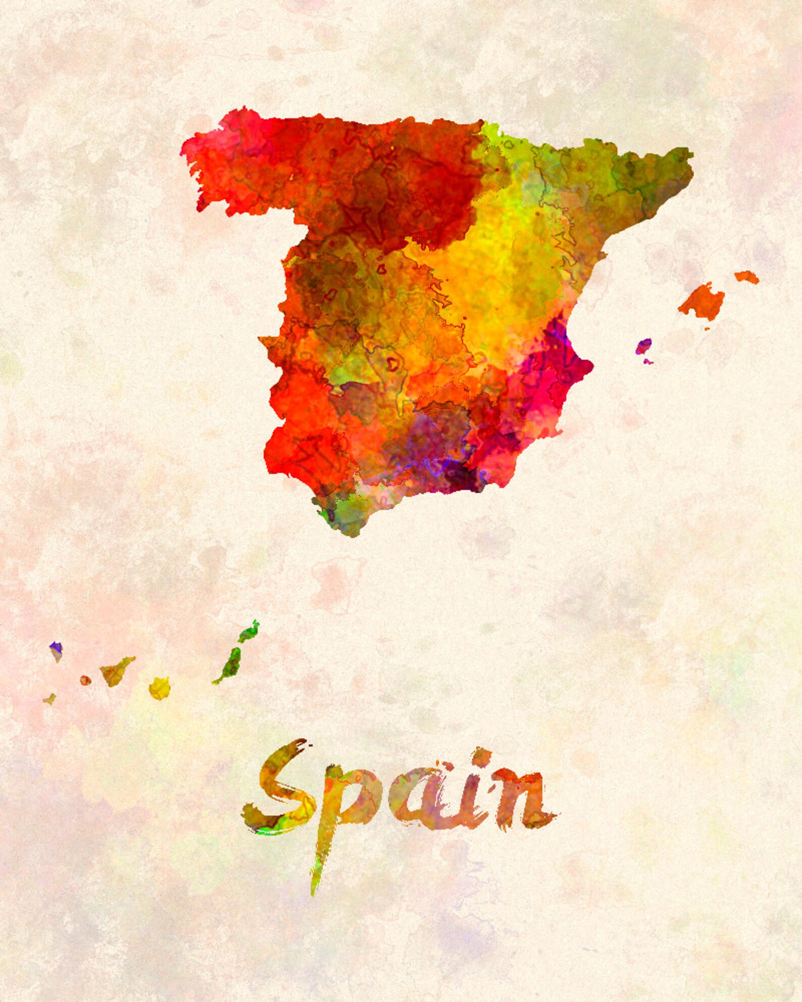 Spain Map in watercolor Fine Art Print Glicee Poster Decor Etsy España