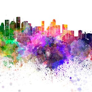 Houston skyline in watercolor on white, 8 monochrome colors, and full color SKU 0469 image 5