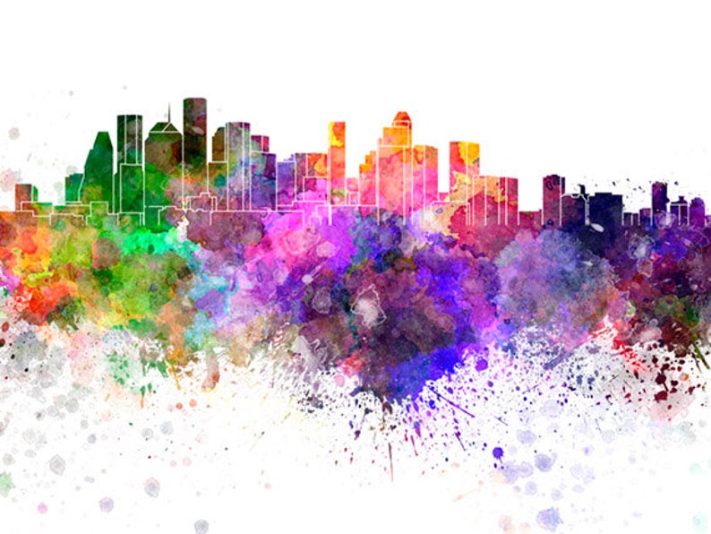 Houston skyline in watercolor on white, 8 monochrome colors, and full color SKU 0469 image 5