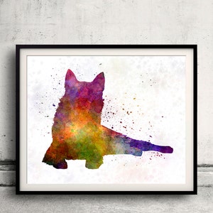 Może przedstawiać: Oprawiony wydruk akwarelowy przedstawiający kolorową sylwetkę psa. Grafika wykorzystuje żywą paletę czerwieni, fioletów, żółci i zieleni, z efektami rozprysków farby. Pies jest przedstawiony w pozycji siedzącej z wyciągniętym ogonem.