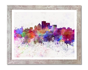 Rochester NY skyline in watercolor background - SKU 1075