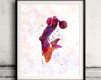 Young woman basketball player 01 - Fine Art Print Glicee Poster Home Watercolor Basket Gift Room Children's Illustration Wall - SKU 1782