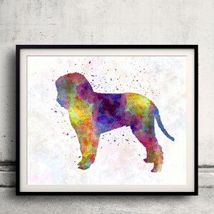 Puede incluir: Una impresión en acuarela enmarcada de un perro en un estilo abstracto colorido. La silueta del perro está llena de vibrantes tonos de morado, amarillo, verde y azul, sobre un fondo blanco con salpicaduras de pintura. La obra de arte está en un marco negro.