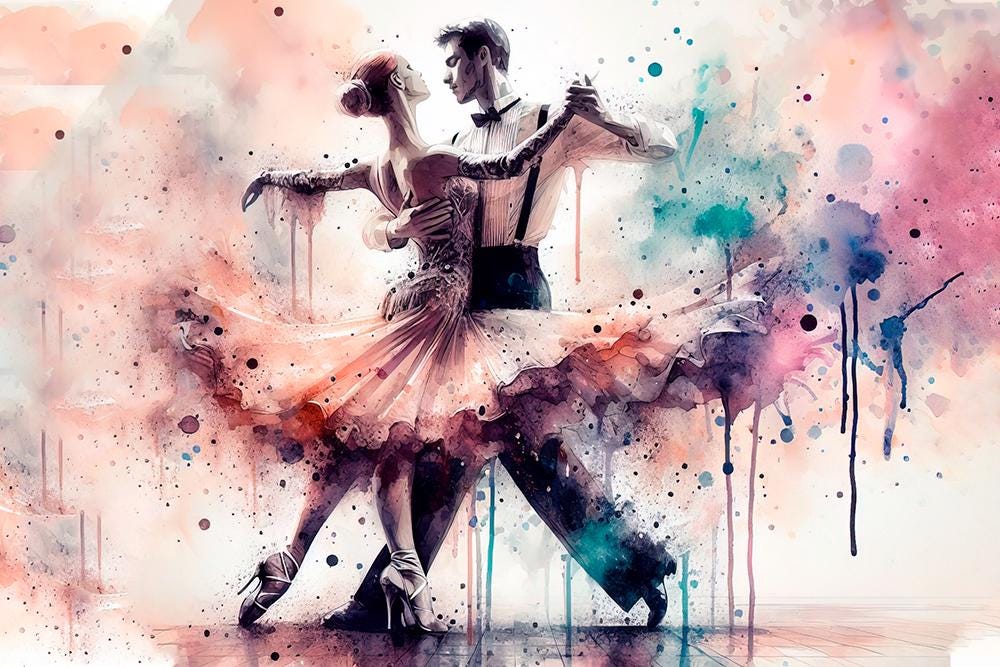 水彩画によるダンス絵画 - 社交ダンスのカップルの絵画、ロマンチック