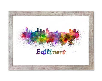 Baltimore skyline in watercolor over white background with name of city - SKU 0312