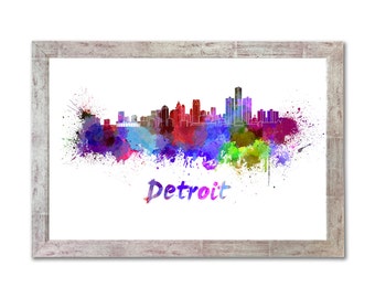 Detroit skyline in watercolor over white background with name of city - SKU 0269