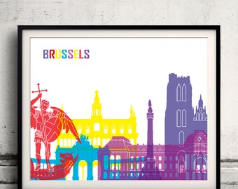 Brussels pop art skyline - Fine Art Print Glicee Poster Decor Home Gift Illustration Wall Art Pop Art Colorful Landmarks - SKU 1159