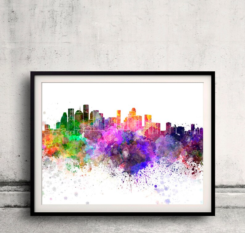 Houston skyline in watercolor on white, 8 monochrome colors, and full color SKU 0469 image 3