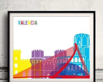 Valencia pop art skyline - Fine Art Print Glicee Poster Decor Home Gift Illustration Wall Art Pop Art Colorful Landmarks - SKU 1232