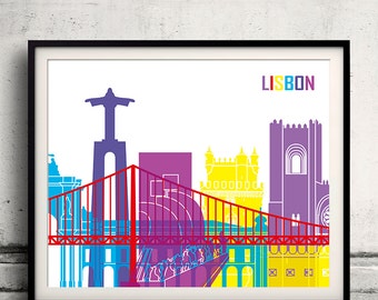 Lisbon pop art skyline - Fine Art Print Glicee Poster Decor Home Gift Illustration Wall Art Pop Art Colorful Landmarks - SKU 1204