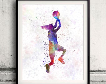 Young woman basketball player 05 - Fine Art Print Glicee Poster Home Watercolor Basket Gift Room Children's Illustration Wall - SKU 1786