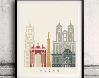 Sucre Skyline Poster – Fine Art Print Glicee Poster Dekor Zuhause Geschenk Illustration Wandkunst Künstlerisch Bunte Wahrzeichen – SKU 2648